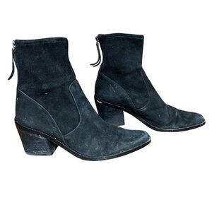 Black Suede Pointed Toe Ankle Boots Back Zippers & Block Heels Size 8.5
